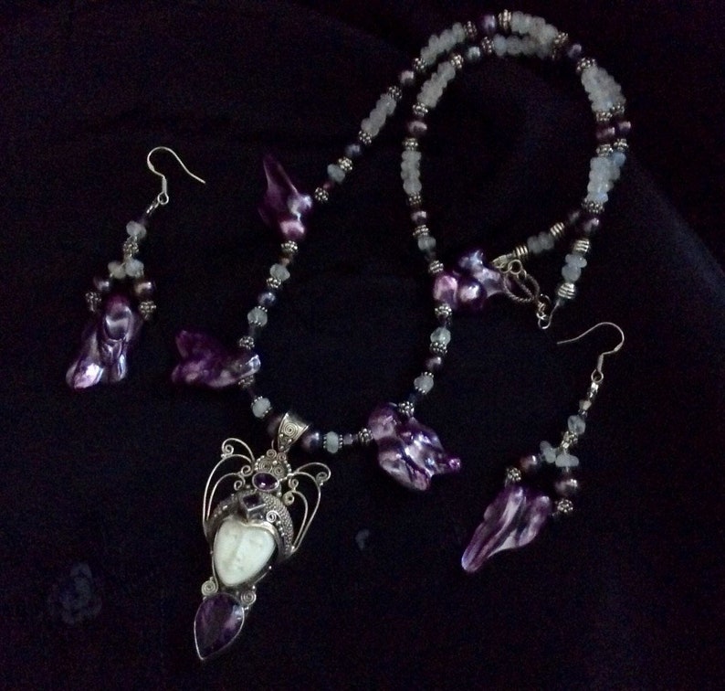Goddess Face Art Deco Bali Silver Necklace Set Amethyst Moonstone /& Pearls