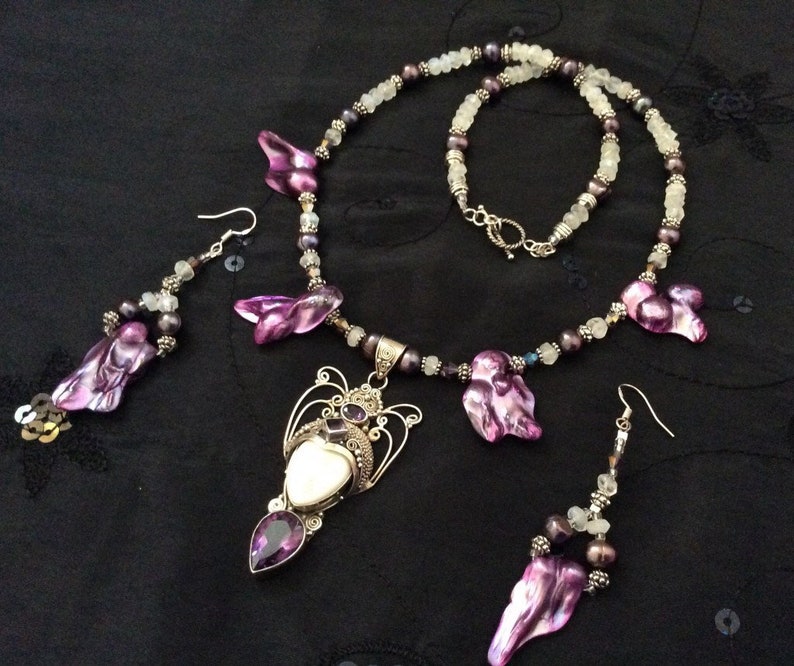 Goddess Face Art Deco Bali Silver Necklace Set Amethyst Moonstone /& Pearls