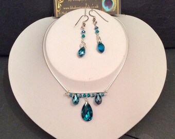Turquoise Blue Tear Drop Swarovski Crystal Silver Necklace Set