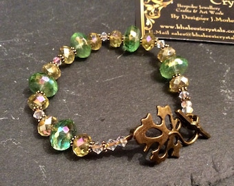 Aurora Borealis Green & Glod Crystal Leaf Bracelet With Swarovski