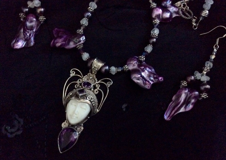 Goddess Face Art Deco Bali Silver Necklace Set Amethyst Moonstone /& Pearls