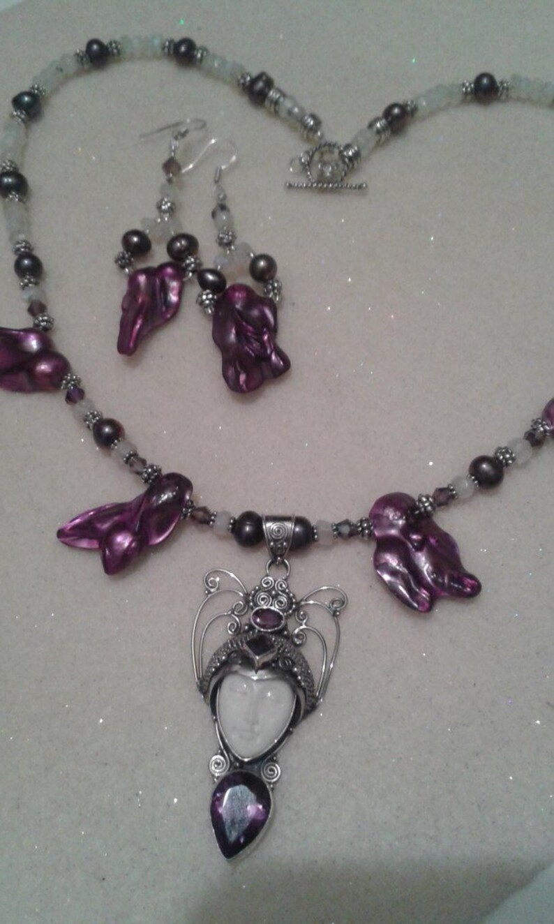 Goddess Face Art Deco Bali Silver Necklace Set Amethyst Moonstone /& Pearls