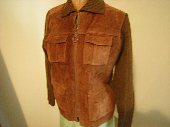 vtge men jacket-leather-acrylic-lined-knit sleeve… - image 1