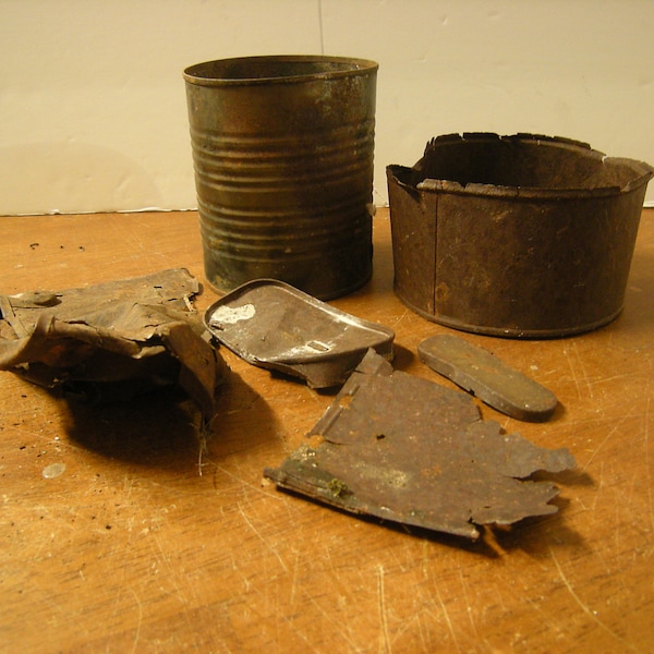 rusty metal-forest finds-art-crafts-assemblage-mixed media-lid-rusty cans-holey can-supplies-