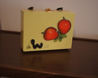 Vintage wooden purse-girl's purse-trinkets-storage-apple-worms-plastic handle-green inside