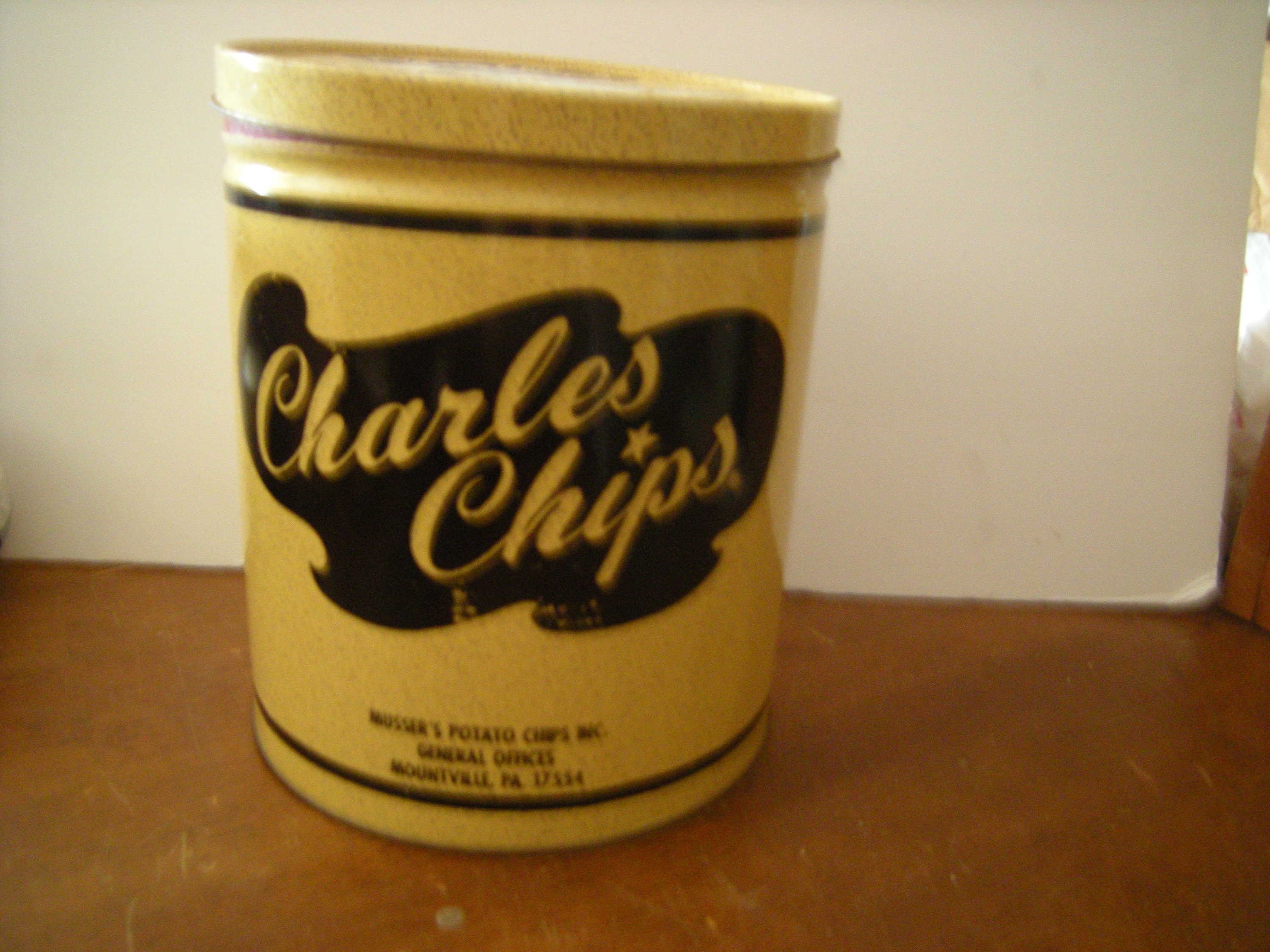 Vintage Retro Charles Chips Tin 8” Metal Storage Tin Collectible