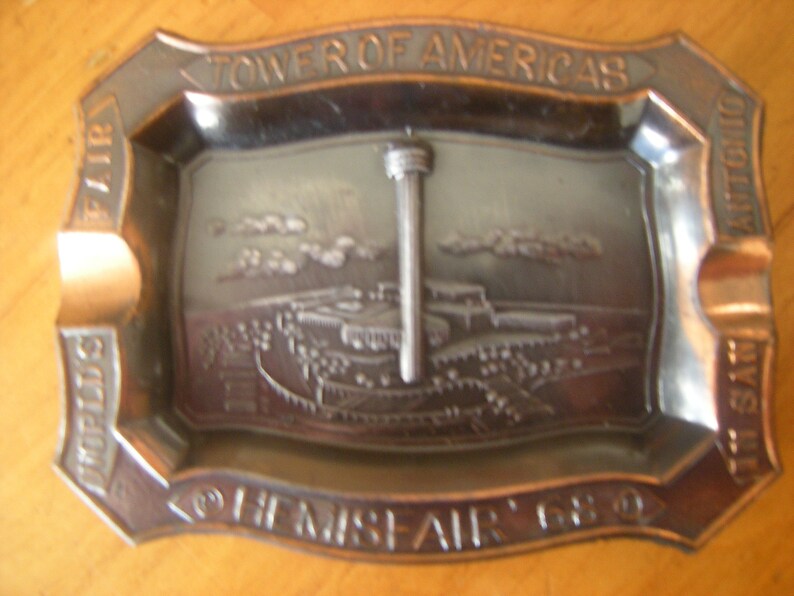 vtge souvenir ashtray-World Fair 1968-San Antonio-Hemisfair 68-copper ashtray-collector item-memorabilia-