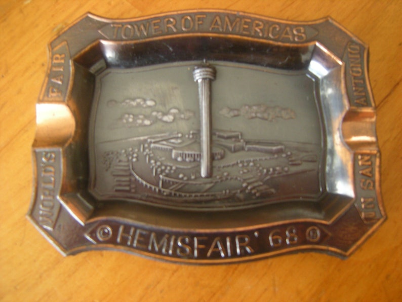 vtge souvenir ashtray-World Fair 1968-San Antonio-Hemisfair 68-copper ashtray-collector item-memorabilia-