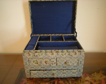 vtge jewelry box-fabric covered-blue lining-3 drawers-rings slits-home and living-vanity top-storage-organization-