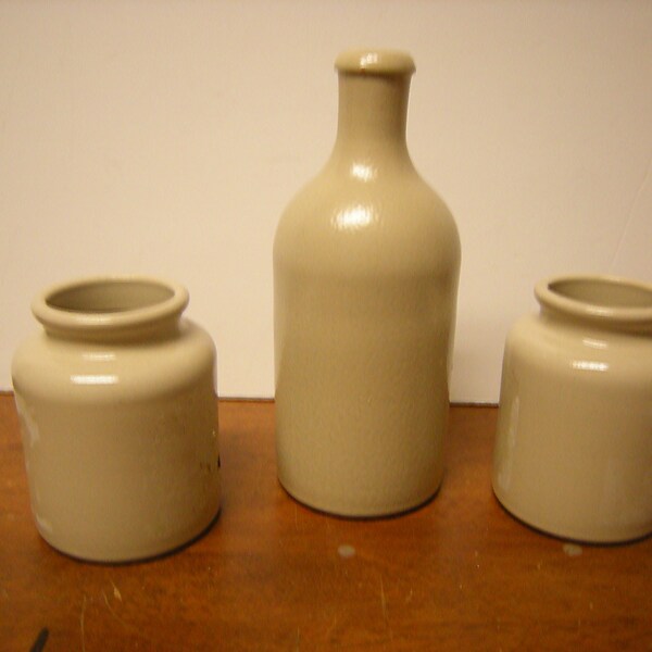 3 vtge stoneware pieces-2 jars-1 bottle-beige-vases-tablescape-window sill-flower arrangements-home and living-home decor-