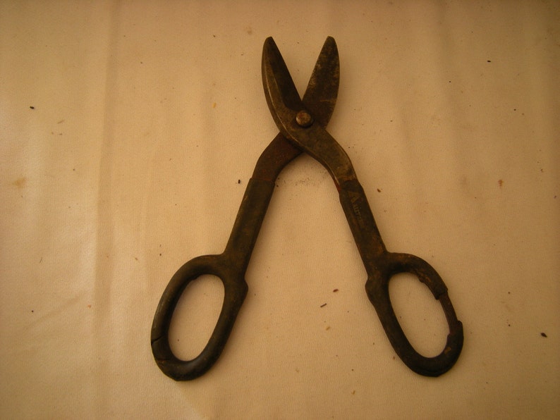 old metal snippers-Alltrade tin snip-old tool-farm tool-garage item-old tool collection-wall display-rustic-primitive image 1