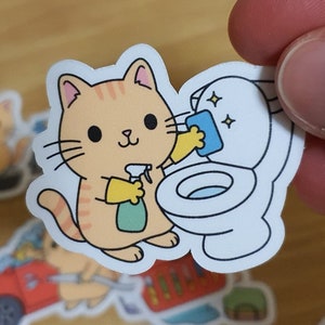 Cute Cat Stickers, fifteen Ginger Kitten stickers, Cats doing Household Chores, 15 piece Sticker pack.