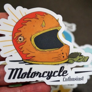 5 Motorcycle Enthusiast Stickers, Helmet illustration sticker, Motorbike Helmet Decal, Motorcyclist Sticker, 5 die-cut sticker set.