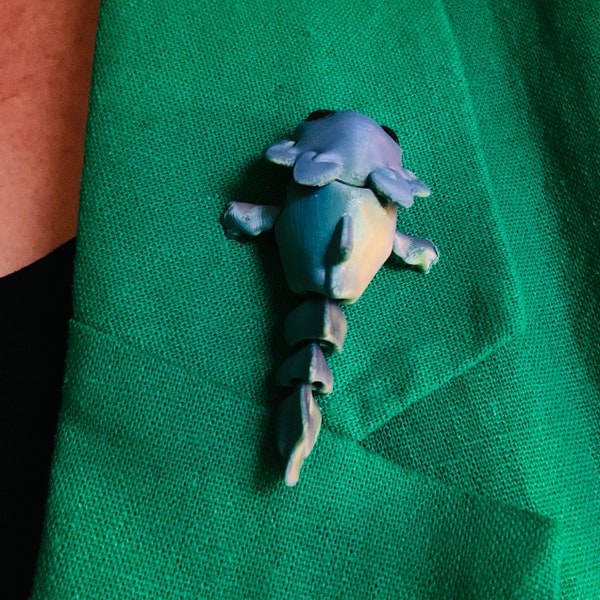 Axolotl Pin, articulated badge, wiggly cute axolotl brooch, iridescent coloured salamander pin