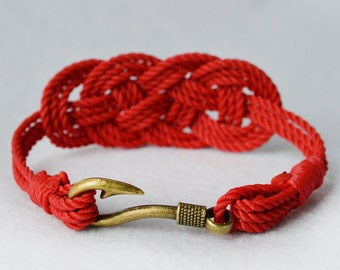 Stylish rope bracelet, beautiful rope knot bracelet, easy fit wristlet, nautical red rope bracelet with antique fish hook shackle