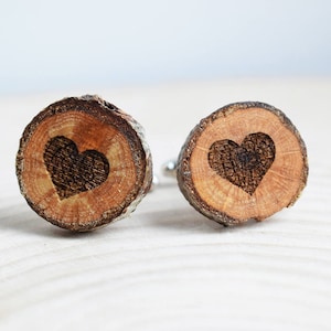 Heart, Natural Wood cufflinks, Heart engraved Oak tree wooden cufflinks, personalised gift for Him, Love heart sweet gift, wedding, love u image 1
