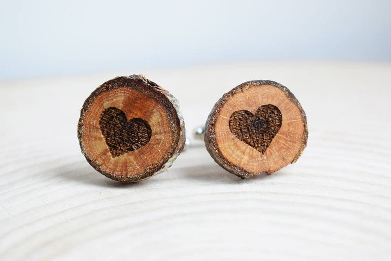 Heart, Natural Wood cufflinks, Heart engraved Oak tree wooden cufflinks, personalised gift for Him, Love heart sweet gift, wedding, love u image 1