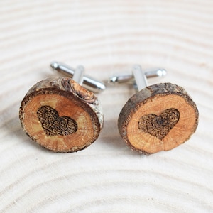 Heart, Natural Wood cufflinks, Heart engraved Oak tree wooden cufflinks, personalised gift for Him, Love heart sweet gift, wedding, love u image 4