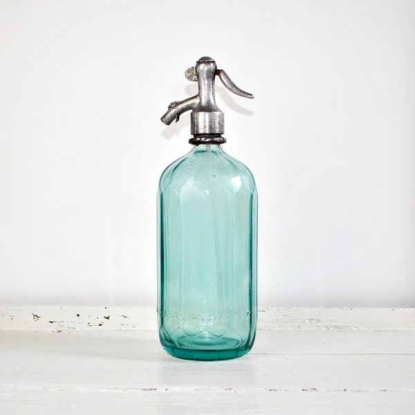 Vintage Seltzer Soda Siphon Bottle 1950s - Light Blue Green Tint -  Mid Century Home Decor  - No.0029