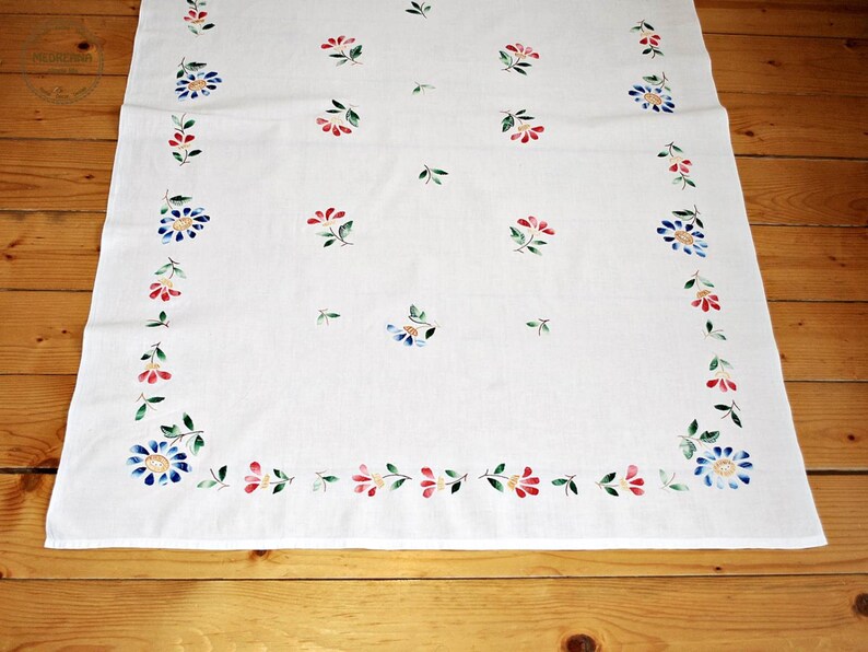 Vintage german hand embroidered white tablecloth with flowers  etsy