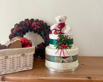 Baby's First Christmas Two Tier Nappy Cake / Baby Shower Gift / Christmas Baby Gift Set