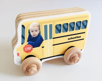 Christmas Custom Photo Wood Car, Personalized Birthday Boy Girl Gift, Wooden Push Toy, Kid's Toddler Preschool Vehicle, School Bus