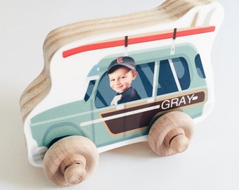 Personalized Photo Wood Car, Personalized Birthday Boy Girl Gift, Wooden Push Toy, Kid's Toddler Preschool Vehicle, Christmas, Surfer