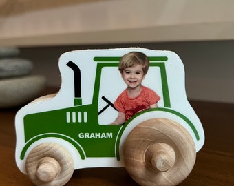 Christmas Custom Photo Wood Car, Personalized Birthday Boy Girl Gift, Wooden Push Toy, Kid's Toddler Preschool Vehicle, Tractor