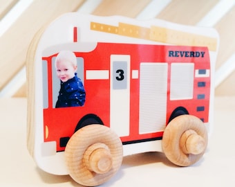 Custom Photo Wood Car, Personalized Birthday Boy Girl Gift, Wooden Push Toy, Kid's Toddler Preschool Vehicle, Christmas, Fire Truck
