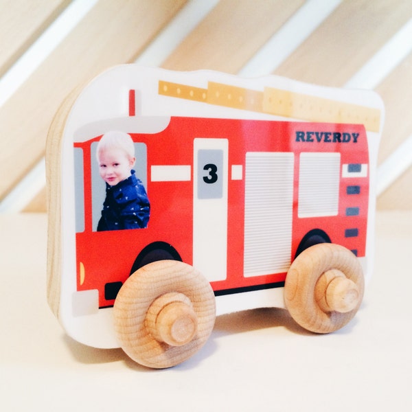 Custom Photo Wood Car, Personalized Birthday Boy Girl Gift, Wooden Push Toy, Kid's Toddler Preschool Vehicle, Christmas, Fire Truck