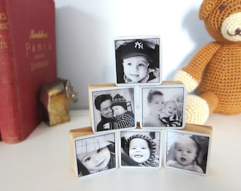 Set of 6 Pine Wood Baby Photo Blocks great new parent gift or nursery decor Personalized Christmas gift