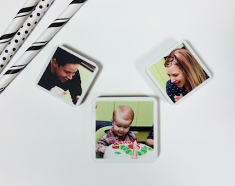 Set of 3 Magnet Photo Personalized Wood of your baby, family pets great gift grandparents mother's day gift