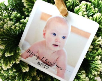 Ornament Personalized Photo Reclaimed Eco Friendly Wood Modern Tree Christmas Perfect gift grandparents baby's first christ