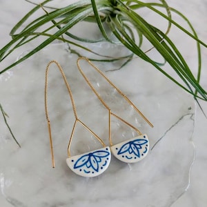 The Sasha - Hand Painted Polymer Clay Earrings | 18K gold plated Threader Earrings | Floral Earrings | Drop Earrings