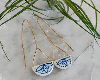 The Sasha - Hand Painted Polymer Clay Earrings | 18K gold plated Threader Earrings | Floral Earrings | Drop Earrings