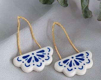 The Lauren - Blue & White| Handmade Polymer Clay Earrings | Statement Earring | Drop Earrings | 18K gold plated