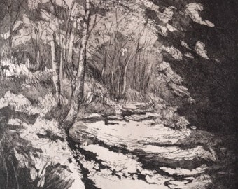 Landscape etching, Woodland Walk by Susan Whatling 12cm x 12cm