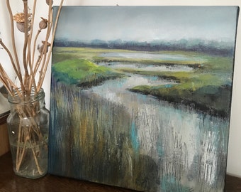 Original art, small acrylic landscape, river view by UK artist, Susan Whatling