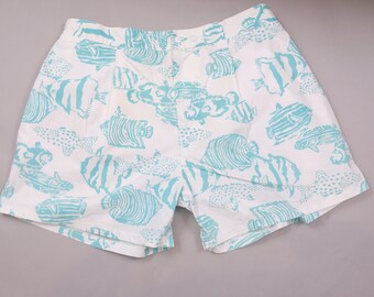 Vintage 80s Fish Print Swim Trunks Shorts Cotton Lined Mens Large Occhi Mare