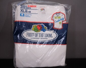 90s Fruit of the Loom White Cotton V-Neck Mens T-Shirts XL 3 Pack