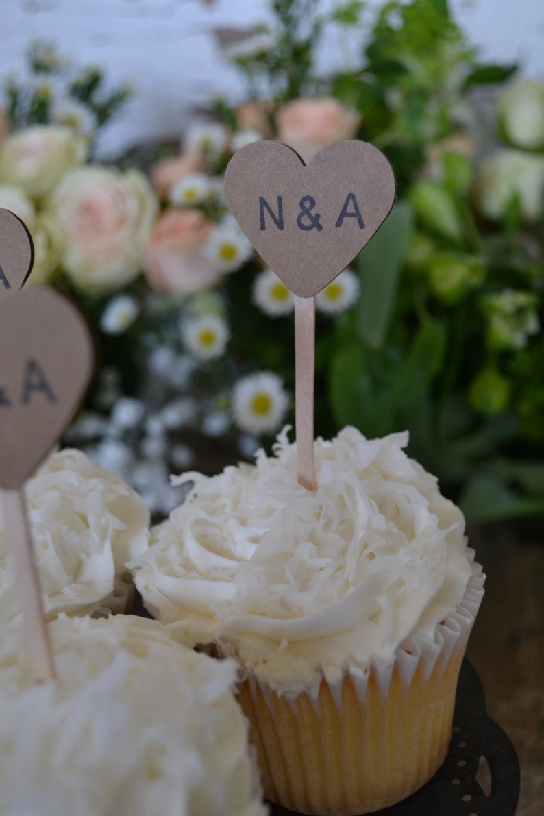 Kraft Heart Wedding Cupcake Toppers Kraft Custom Initial Etsy