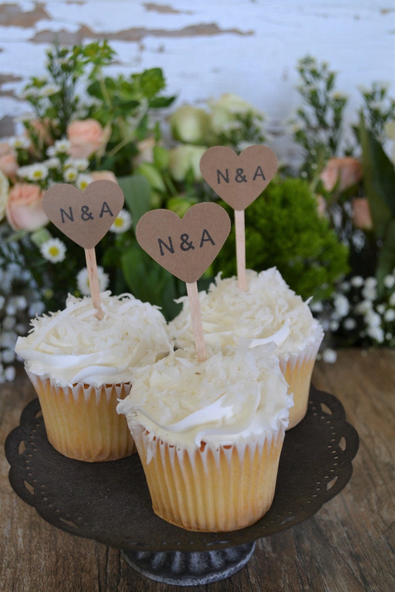 Kraft Heart Wedding Cupcake Toppers Kraft Custom Initial Etsy