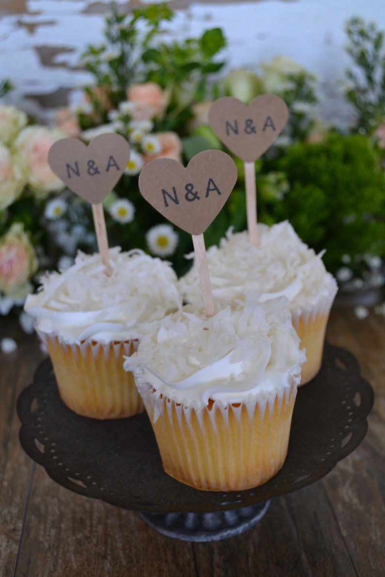 Kraft Heart Wedding Cupcake Toppers Kraft Custom Initial Etsy