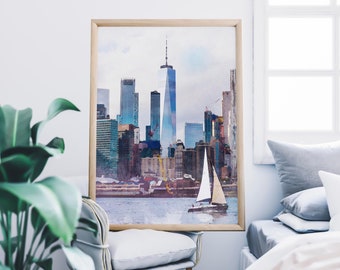 May include: A framed vertical wall art print featuring a watercolor-style depiction of the New York City skyline, including One World Trade Center, with a sailboat on the water in the foreground, presented in a light-toned wooden frame.