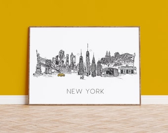 New York Skyline, New York Cityscape Art Print, New York New York, Office Art, Travel Poster, City Wall Art, City Art, illustration, NYC Art