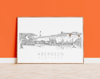 May include: Black and white line drawing of the Aberdeen skyline, featuring a lighthouse, buildings, and a bridge. The text "ABERDEEN SCOTLAND" is printed below the drawing.