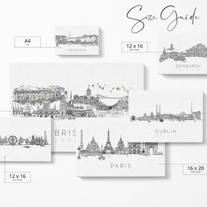 May include: Size guide for city skyline prints.  The prints are available in various sizes, including 12 x 16 inches, 14 x 20 inches, 16 x 20 inches, 24 x 36 inches, and A4.  The prints feature black and white illustrations of city skylines, including Aberdeen, Edinburgh, Bristol, Paris, and Dublin.
