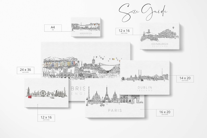 May include: Size guide for city skyline prints.  The prints are available in various sizes, including 12 x 16 inches, 14 x 20 inches, 16 x 20 inches, 24 x 36 inches, and A4.  The prints feature black and white illustrations of city skylines, including Aberdeen, Edinburgh, Bristol, Paris, and Dublin.