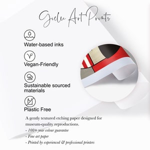 May include: Giclee art prints are made with water-based inks, vegan-friendly and sustainable sourced materials. The prints are plastic free and printed on a gently textured etching paper designed for museum-quality reproductions. The paper has a 100+ year color guarantee and is printed by experienced and professional printers.
