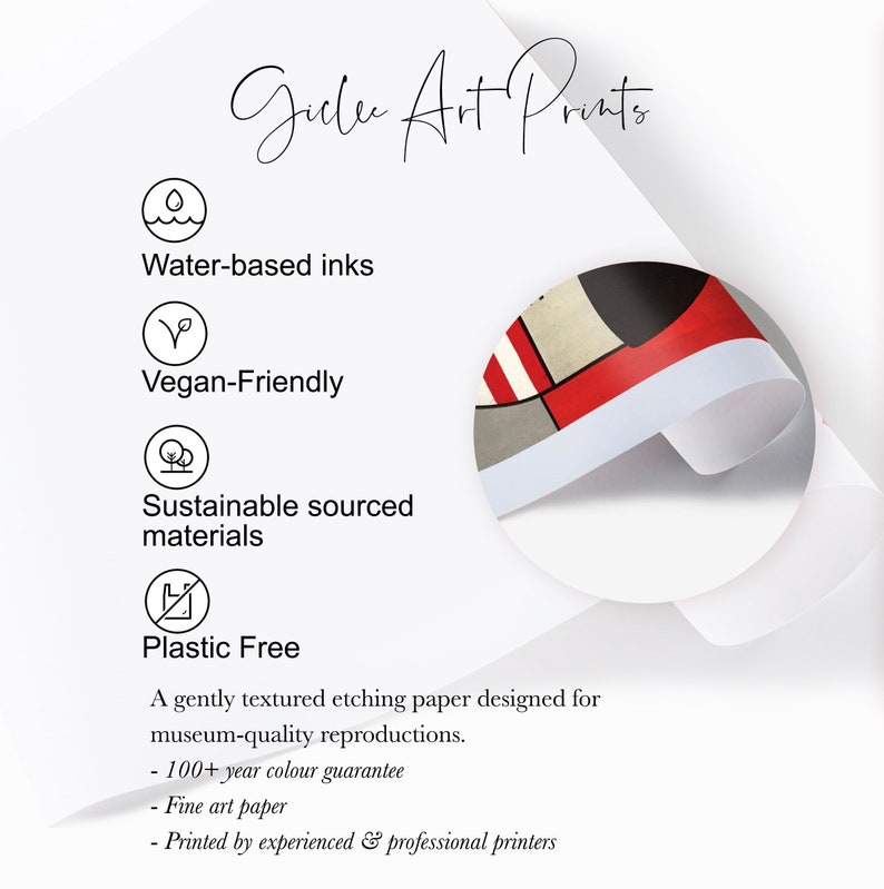 May include: Giclee art prints are made with water-based inks, vegan-friendly and sustainable sourced materials. The prints are plastic free and printed on a gently textured etching paper designed for museum-quality reproductions. The paper has a 100+ year color guarantee and is printed by experienced and professional printers.